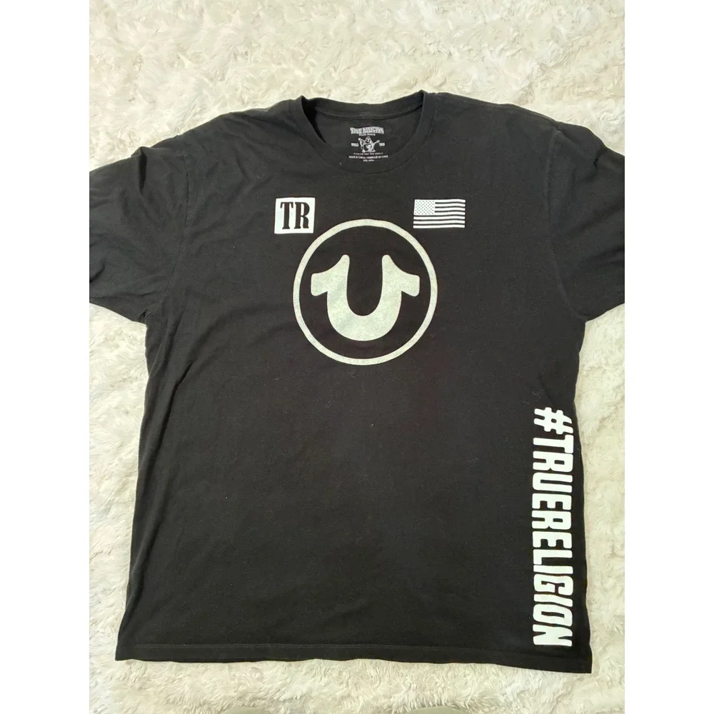 True Religion Mens XXL Black Graphic T-Shirt World Tour Buddha Logo Tee